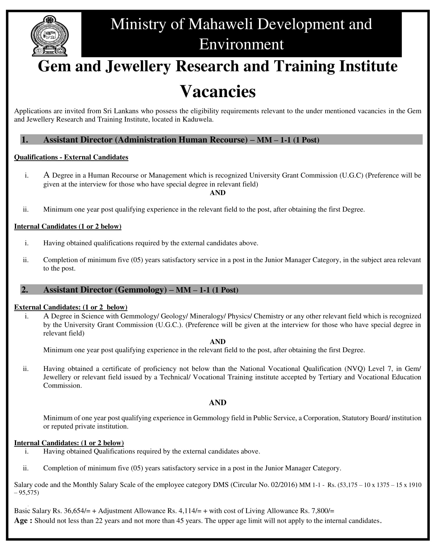 Assistant Director (Administration & HR, Gemmology), Research Officer, Technical Assistant, Driver - Gem & Jewellery Research & Training Institute